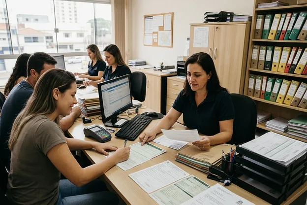 Despachantes em Jundiaí orientando clientes durante o licenciamento de veículos.