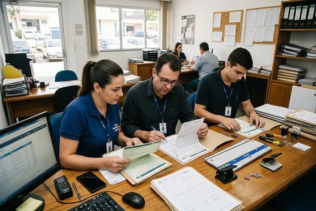 Grupo de profissionais em Jundiaí organizando documentos para emplacamento de veículos.
